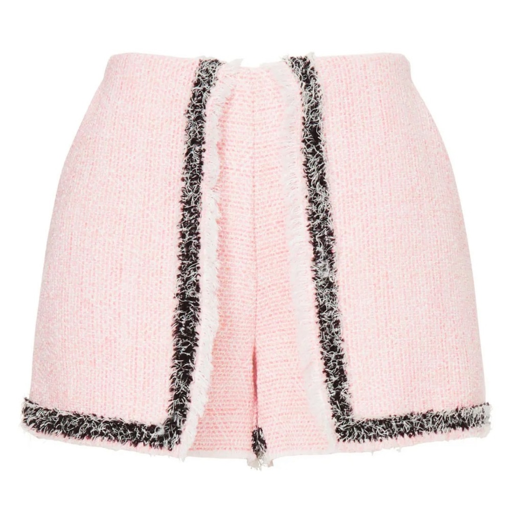 MSGM Pink Tweed Boucle Shorts Fringe Plaid Baby Pink White Black Trim Pattern 12
